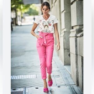 NWT NY&C Pink Linen-Blend Paperbag-Waist Slim Ankle Pant XS